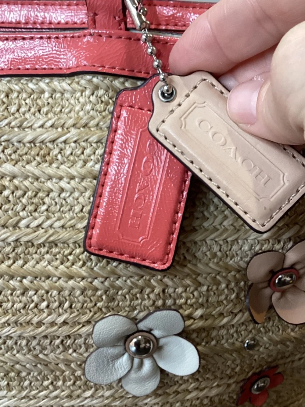 Coach Straw Floral Appliqué Tote with Coral Trim - Picture 4 of 12